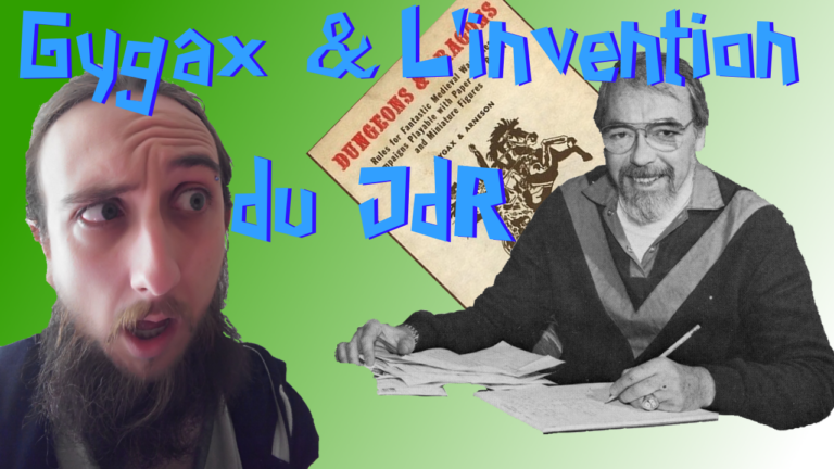 image titre "Gygax et l’invention du JDR" sur fond vert. on y voit une photo de fabulousfabs grimaçant et une photo noir et blanche de Gary Gygax en train d’écrire