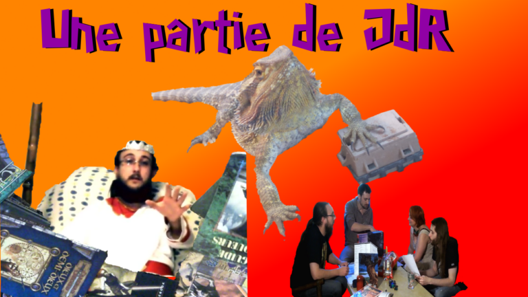 sous le titre "une partie de JDR" on voit un melange de photos, fabulousfabs sur un siège avec une couronne, merlin le dragon avec sa patte sur un coffre au trésor et une table de 4 personnes en train de jouer à un jeu de rôle