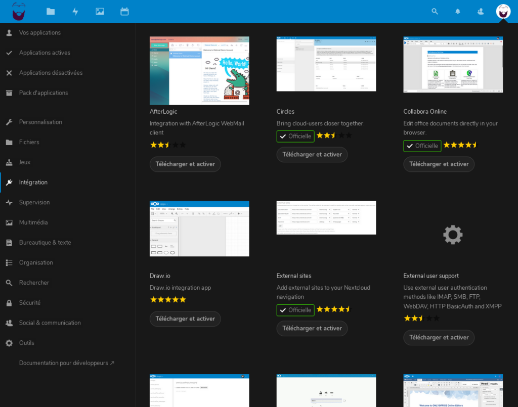 Le catalogue d'applications (plugins) sur NextCloud.