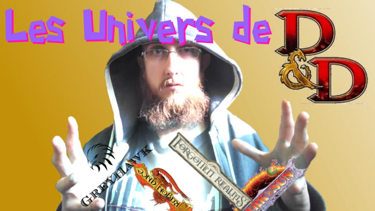 photo de Fabulousfabs, dans ses mains écartés flottent les logos des univers de D&D (forgotten realms, dark sun, greyhawk) avec le titre Les univers de D&D